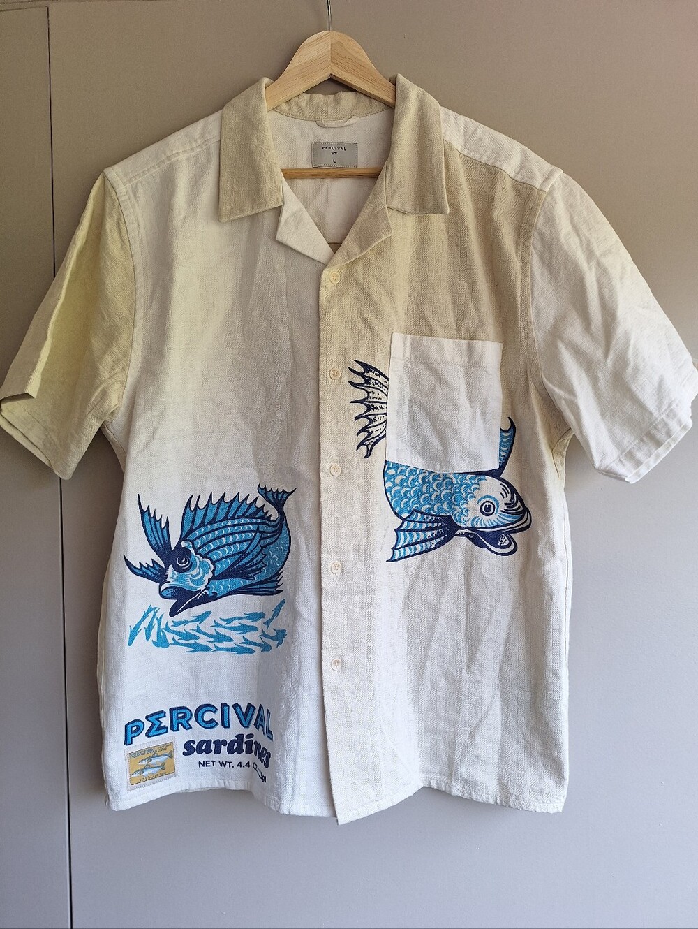 Percival Sardines Cream Cuban Collar Short Sleeve Cotton Shirt Graphic Men's L
